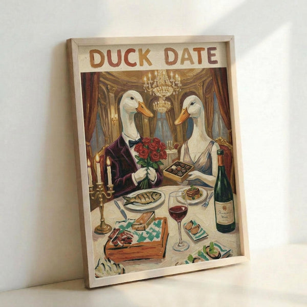 May include: Framed vintage-style poster print leaning against white wall corner. Features two white ducks with orange bills dressed formally - one in burgundy suit with bow tie holding red roses, other in white dress. They sit at elegant dining table with wine bottle, glasses, candles, chocolates, and various dishes. Ornate restaurant interior with crystal chandeliers and draped curtains in background. Warm golden and brown color palette in decorative illustration style.