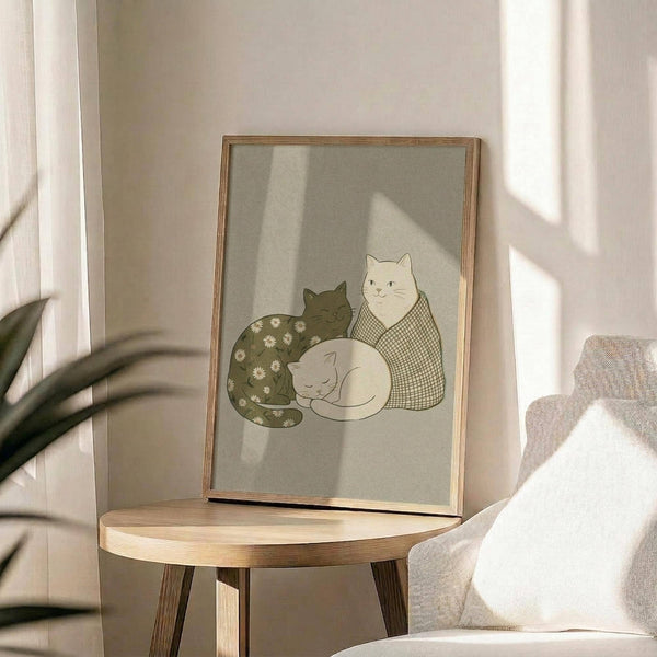 May include: Framed illustration of three cats in cozy sweaters displayed on a round wooden side table. The artwork shows cats in muted tones - one dark green with daisy patterns, one white with checkered pattern, and one light colored cat sleeping. Natural lighting creates soft shadows across the beige wall. A plant and cream-colored chair are partially visible in the minimalist room setting.