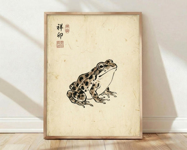 May include: Framed vintage-style illustration of a spotted brown and tan frog with prominent eyes on aged cream paper with Japanese characters and red stamps in upper left corner, displayed in natural wood frame leaning against white wall on light wooden floor