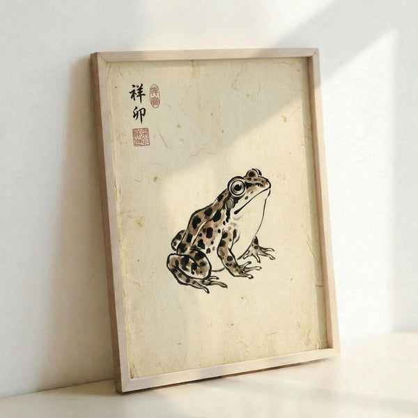 May include: Framed vintage-style artwork featuring a spotted brown and tan frog sitting upright against cream-colored aged paper background. Japanese characters and red seal stamps appear in upper left corner. Natural wood frame leans against white wall, showing texture and aging on the paper surface.