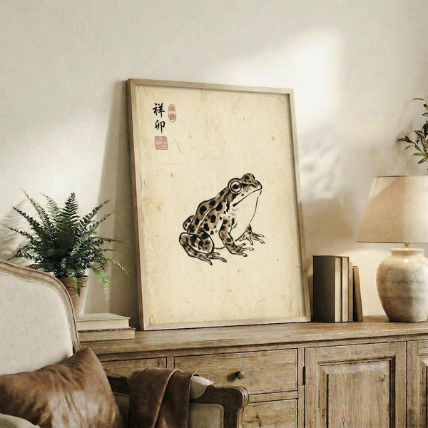 May include: Framed traditional Japanese-style artwork featuring a spotted brown and tan frog with red seal stamps and Asian characters, displayed on a rustic wooden console table alongside decorative pottery, books, and a fern plant in a neutral-toned living room setting.