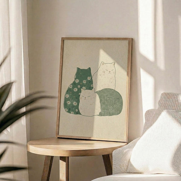 May include: Framed art print displayed on round wooden side table next to beige upholstered chair with white pillow. Print shows three stylized cats - one green with white daisy pattern, one white, one smaller white cat, and one with green crosshatch pattern - arranged in sitting positions. Natural wood frame, cream background, soft sunlight streaming across neutral-toned room with plant leaves visible in corner.