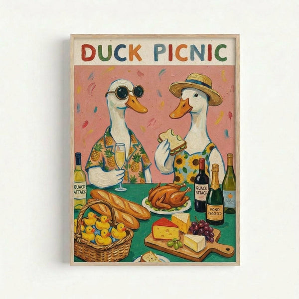 Whimsical illustration of two white ducks having a picnic at a green table with pink confetti background. One duck wears sunglasses and a pineapple Hawaiian shirt while holding a champagne glass, the other wears a straw hat and floral dress while eating a sandwich. The table displays wine bottles labeled "Quack Attack" and "Pond Prosecco," cheese and grapes on a cutting board, roasted chicken, and bread. A wicker basket with rubber duckies sits beside the table. Artwork is displayed in a