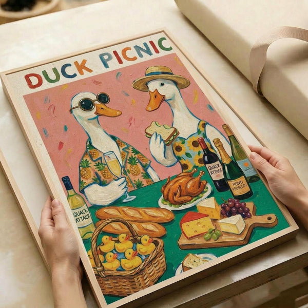 May include: Hands holding a whimsical illustrated poster featuring two white ducks at a picnic. One duck wears sunglasses and a pineapple-print shirt, the other sports a straw hat. The scene includes a wicker basket of yellow ducklings, French bread, wine bottles labeled "Quack Attack" and "Pond Prosecco," cheese board with grapes, and roasted chicken on a green checkered blanket. Pink confetti background with "Duck Picnic" text in colorful letters at top.