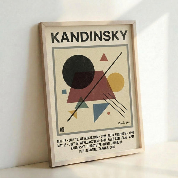 May include: Framed abstract geometric art print in light wood frame leaning against white wall. Features cream background with bold shapes including large black circle, red and blue triangles, yellow circle, small squares, and intersecting black lines. Kandinsky's signature visible in corner. Exhibition-style poster format with text details below artwork showing dates and venue information.