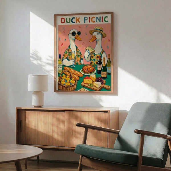 May include: Framed poster print featuring two cartoon ducks in tropical shirts enjoying a picnic with wine, bread, cheese and fruit on a green table against a coral pink background. Displayed above a wooden sideboard with table lamp in a mid-century modern living room with teal upholstered chair and natural lighting casting shadows on white walls.
