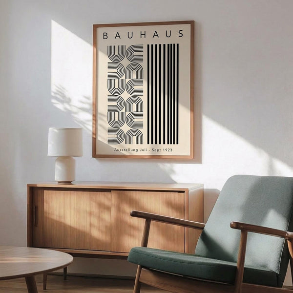 May include: Modern living room mockup showing framed Bauhaus exhibition poster on white wall above wooden sideboard. Poster features black geometric typography and stripes on cream background in natural wood frame. Mid-century furniture includes sage green upholstered armchair with wooden arms, round coffee table, and ceramic table lamp. Bright natural sunlight creates dramatic shadows across the minimalist interior space.