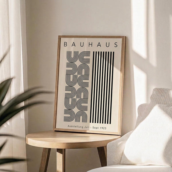 May include: Framed Bauhaus poster with black geometric typography on cream background, displayed on light wood round table next to beige upholstered chair. Natural sunlight streams across neutral-toned room with plant leaves visible in corner. Poster features modernist design with curved and straight lines forming abstract pattern, referencing 1923 exhibition dates.