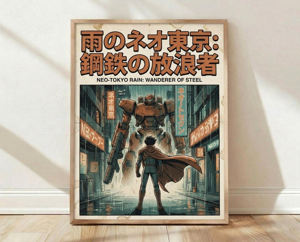 May include: Framed poster print leaning against white wall on light wood floor. Artwork shows figure in flowing cape standing before large mech robot in rainy Neo-Tokyo street scene with neon signs and Japanese text. Illustrated in anime style with teal and orange colors. Natural wood frame, soft lighting with shadows.