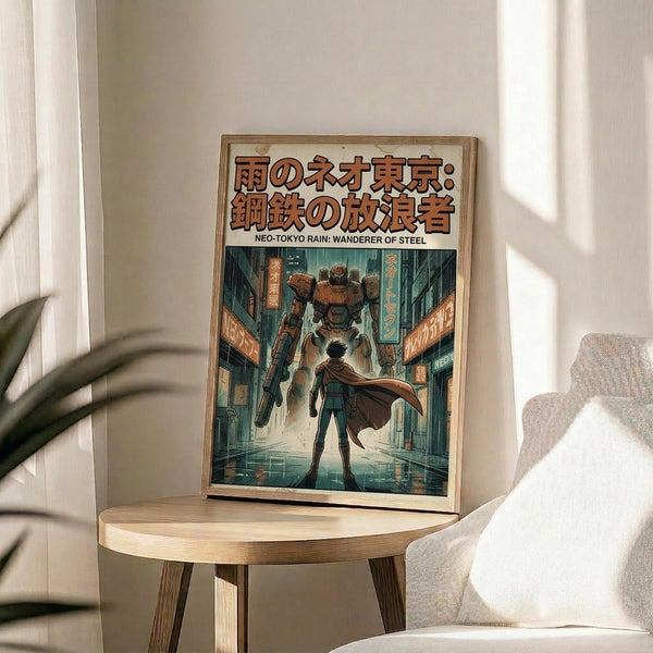 May include: A framed anime-style poster displayed on a light wooden round side table next to a beige upholstered chair. The artwork shows a caped figure standing in a rain-soaked futuristic city street facing a large mech robot, with neon signs and tall buildings creating a cyberpunk atmosphere in teal and orange tones. Natural lighting creates soft shadows across the scene.
