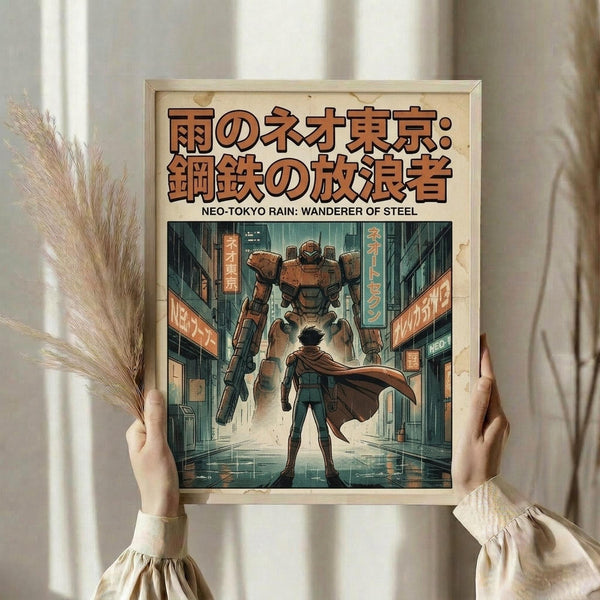 May include: Hands holding a framed vintage-style poster in warm lighting with dried wheat stalks nearby. The poster features Japanese text and artwork showing a cloaked figure and large mech robot in a futuristic cityscape with neon signs and wet streets. The frame appears natural wood-toned against a soft beige background with flowing curtains.