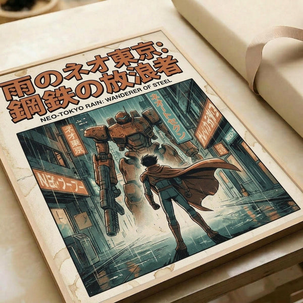 A vintage-style poster displayed on an open book or album, featuring anime-inspired artwork of a figure with flowing cape running through a futuristic cyberpunk cityscape in the rain. The scene shows towering mechanical robots and neon-lit Japanese street signs in muted teal and orange tones. Japanese text appears at the top with "NEO-TOKYO RAIN: WANDERER OF STEEL" subtitle. The poster has weathered edges and sits alongside rolled white paper tubes on a cream surface, giving it an aged manga or