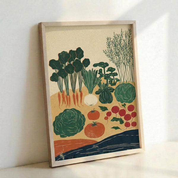 Framed botanical illustration print featuring various vegetables including leafy greens, carrots with orange roots, white turnip, red tomatoes, radishes, cabbages, and tall herbs arranged on a cream background with orange and navy blue brushstroke elements at the bottom. The artwork is displayed in a light wood frame leaning against a white wall.