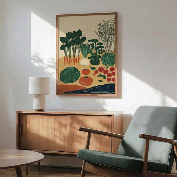 May include: A botanical vegetable garden poster in wooden frame hanging above mid-century modern credenza with table lamp. The artwork features illustrated vegetables including carrots with green tops, tomatoes, cabbages, mushrooms, and leafy greens in earth tones against cream background. Green upholstered armchair with wooden arms sits beside round coffee table in bright sunlit room with white walls.
