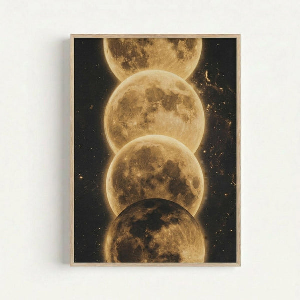 A vertical astronomical artwork displaying four overlapping golden moons arranged in a column against a dark starry sky background. The moons show detailed surface textures and craters in warm amber and honey tones, with the bottom moon appearing darker than the others. The print is displayed in a light wood frame against a white wall, with visible texture and rich celestial details throughout the composition.