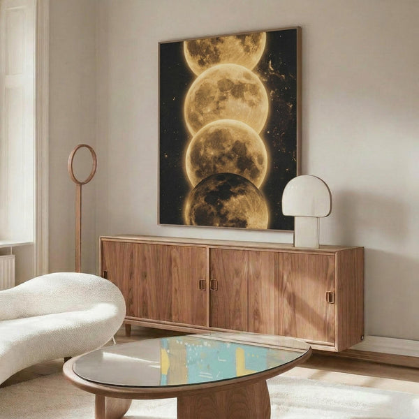 May include: Modern living room displaying a vertical astronomical poster featuring four golden full moons stacked against a dark starry sky background. The artwork hangs above a mid-century walnut credenza with sliding doors, flanked by copper floor lamp and white table lamp. Scene includes cream curved chair and oval glass coffee table with colorful abstract art reflection.
