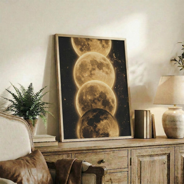 May include: Framed celestial artwork showing four golden moons vertically stacked against a dark starry sky background, displayed on a rustic wooden sideboard alongside potted ferns, ceramic vases, and books in a warm-toned living room setting with cream chair and neutral walls.