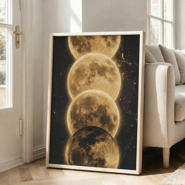 May include: Large framed poster featuring four golden moons arranged vertically against a dark starry background, displayed in a bright living room with white walls, French doors, and a beige upholstered chair. The artwork shows luminous celestial bodies with visible surface details and crater textures in warm amber tones.