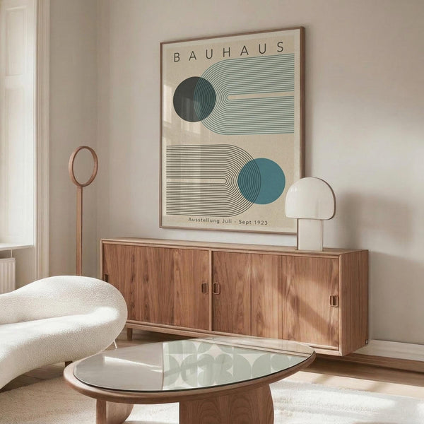 May include: Bauhaus exhibition poster in wooden frame hanging above walnut credenza in modern living room. Poster features geometric design with green and blue circles, curved lines, and "BAUHAUS" text on cream background. Room has white curved chair, glass coffee table, marble floor, and mushroom table lamp.