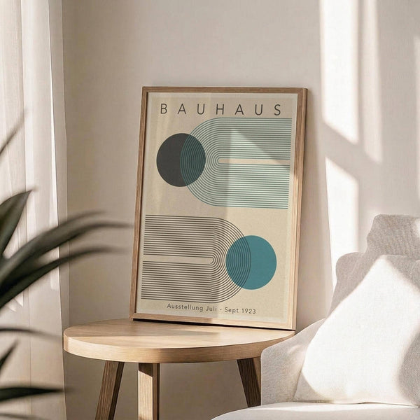 May include: Framed Bauhaus exhibition poster with geometric design featuring two curved linear patterns in teal and sage green with solid circles, displayed on round wooden side table next to beige upholstered chair. Soft natural lighting creates shadows on cream walls, with plant leaves visible in corner of minimalist room setting.