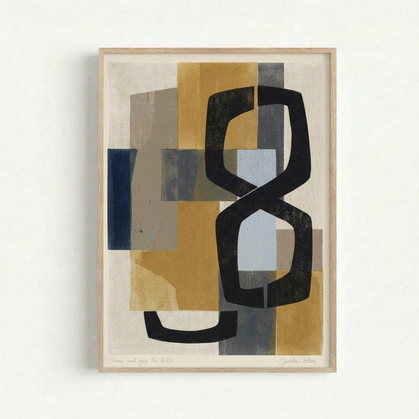 Framed abstract geometric artwork featuring overlapping rectangular shapes in muted tones of mustard yellow, navy blue, charcoal gray, and cream white. Bold black curved lines weave through the composition, creating interlocking forms against the layered colored blocks. The piece has a mid-century modern aesthetic with organic flowing elements contrasting angular shapes. Displayed in a simple light wood frame against a white wall, with visible artist signature and edition numbering at bottom.