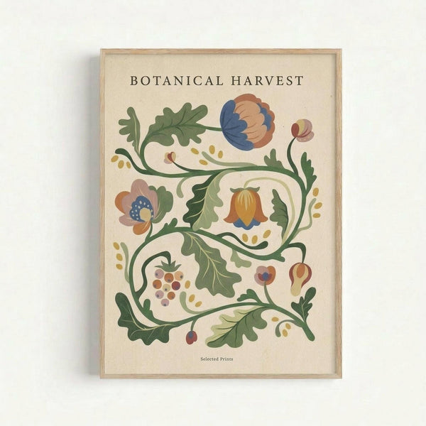 Framed botanical art print featuring decorative folk-style illustration with flowing green vines, colorful flowers in blue and coral tones, small berries, and stylized leaves arranged in an ornate pattern. Text reads "BOTANICAL HARVEST" at top and "Selected Prints" at bottom. Artwork has cream background with natural wood frame, displayed against white wall.