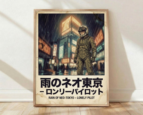 May include: Framed poster artwork displaying a futuristic astronaut in olive green suit and helmet standing in rain against neon-lit cyberpunk cityscape with towering illuminated buildings. Japanese text above English translation reads "Rain of Neo-Tokyo - Lonely Pilot" in black letters on cream background. Light wood frame sits on white wooden floor against white wall with soft natural lighting and shadows.