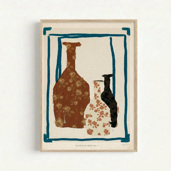 Abstract still life artwork featuring three pottery vessels in earth tones within a teal blue painted border frame. The left vessel is a large brown bottle with yellow-green dotted pattern, center shows a white vase with terracotta spots, and right displays a dark charcoal colored vessel. All rendered in loose, painterly brushstrokes on cream colored paper, displayed in a light wood frame against a white wall.