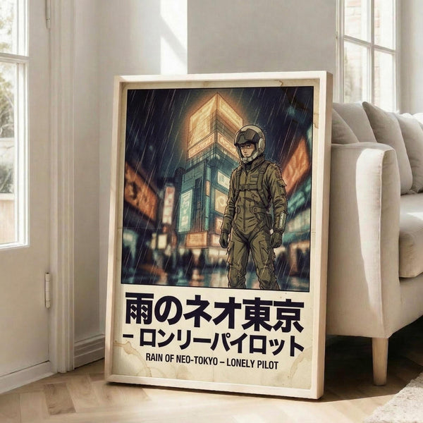 May include: Framed poster print leaning against white wall next to beige sofa in bright room with windows. Artwork shows astronaut figure in helmet and suit standing in rain with geometric building structure behind, rendered in moody blues, oranges and greens. Japanese text and English subtitle "Rain of Neo-Tokyo - Lonely Pilot" appear below illustration on cream background within light wooden frame.