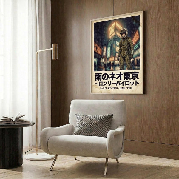 May include: Framed poster showing anime-style pilot character in green military gear standing in rainy Neo-Tokyo cityscape with neon-lit buildings and Japanese text below. Modern living room setting with beige armchair, geometric throw pillow, brass floor lamp, dark round side table with open book, and wood-paneled wall.