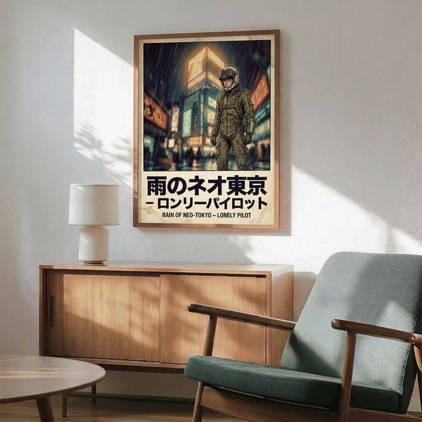May include: A framed poster showing a figure in a hooded jacket and helmet standing in a rainy futuristic cityscape with glowing neon buildings. The artwork features dark blues and warm golden lighting with Japanese text below. The wooden-framed print hangs above a mid-century modern wooden credenza with a white ceramic lamp, next to a gray upholstered armchair with wooden arms in a sunlit room with white walls.