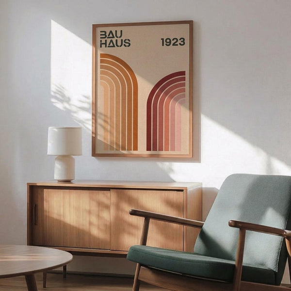 May include: Framed Bauhaus poster with geometric arches in orange and burgundy tones displayed above a mid-century modern wood credenza. Scene features a sage green upholstered armchair with wooden frame, white ceramic table lamp, and warm natural lighting casting shadows on white wall. Mid-century furniture styling with clean lines and warm wood tones throughout the room setting.