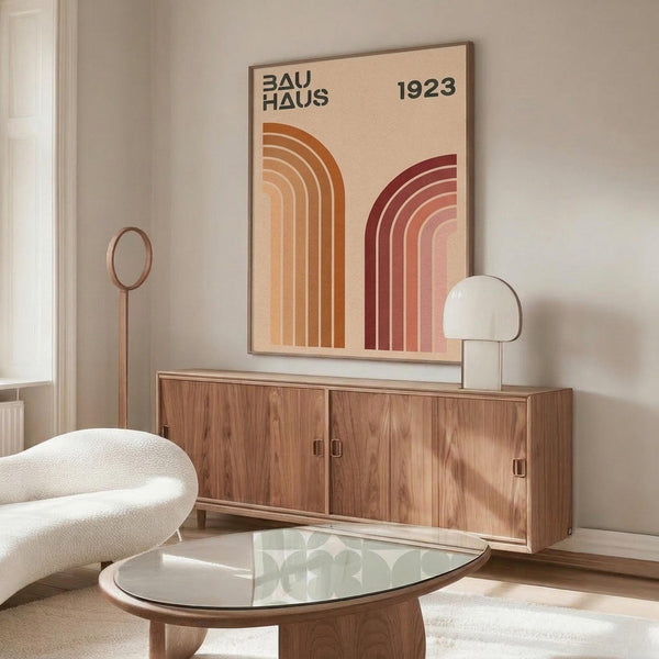 May include: Bauhaus 1923 poster displayed in minimalist living room with warm beige walls. The poster features geometric rainbow arches in orange and burgundy tones on cream background. Room styled with walnut wood credenza, white curved chair, glass oval coffee table, and modern white table lamp. Natural lighting creates soft shadows on polished floors.