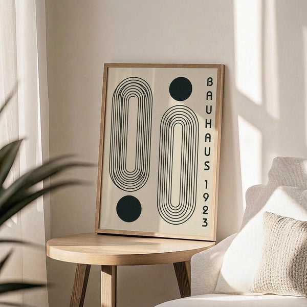 May include: Framed geometric print with concentric oval line patterns and dark green circles on cream background, displayed on round wooden stool beside beige upholstered chair with knit throw pillow. Natural lighting creates soft shadows on neutral wall with plant leaves visible in corner of minimalist room setting.