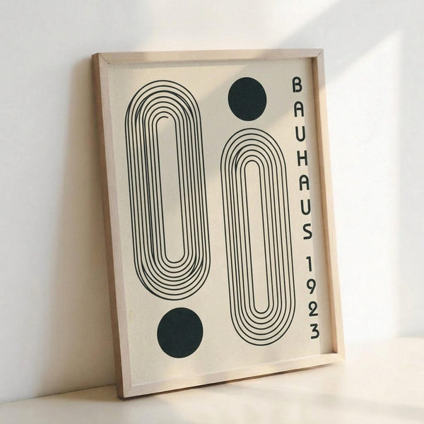 May include: Minimalist geometric art print in light wooden frame leaning against white wall. Design features black concentric oval and rounded rectangular shapes with two dark green circles on cream background. Text reads "BAUHAUS 1923" vertically along right side. Modern Bauhaus-inspired typography and clean lines create mid-century aesthetic.