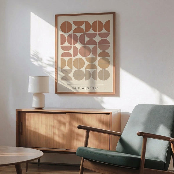 May include: Framed geometric poster with warm terracotta, beige and cream circular shapes arranged in a grid pattern, displayed above a mid-century wooden credenza with sliding doors. Scene shows mint green upholstered armchair with wooden frame, white ceramic table lamp, and natural sunlight casting shadows across white walls in a modern living room setting.