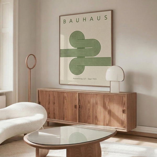 May include: Modern minimalist room interior featuring a framed Bauhaus exhibition poster with green geometric spiral design on cream background, positioned above a mid-century walnut sideboard. White sculptural chair and glass-top coffee table complete the scene, with natural light creating soft shadows on neutral walls.