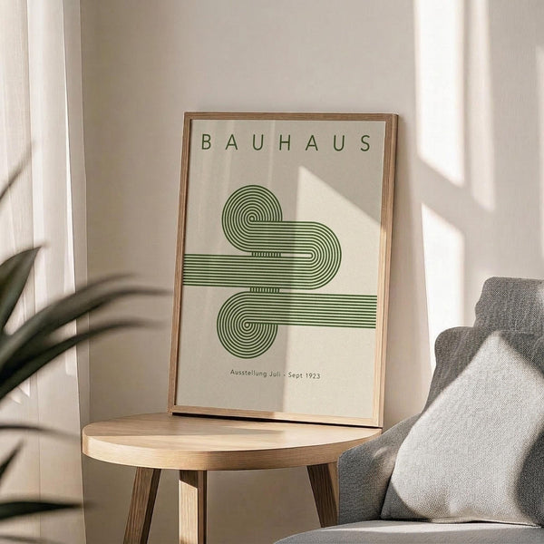 May include: Framed Bauhaus-style poster with green geometric spiral design displayed on round wooden side table next to gray upholstered chair. Cream-colored wall background with natural window light and plant shadows. Modern minimalist interior styling with warm wood frame and neutral tones.