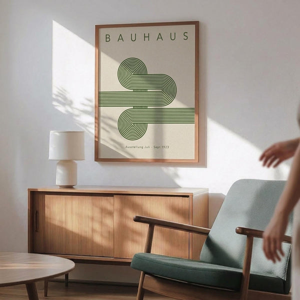 May include: Framed Bauhaus poster with green geometric spiral design hanging above wooden sideboard in modern living room. Mid-century teal armchair with wooden arms beside small round coffee table. White ceramic table lamp on credenza. Soft natural lighting creates shadows on white wall.