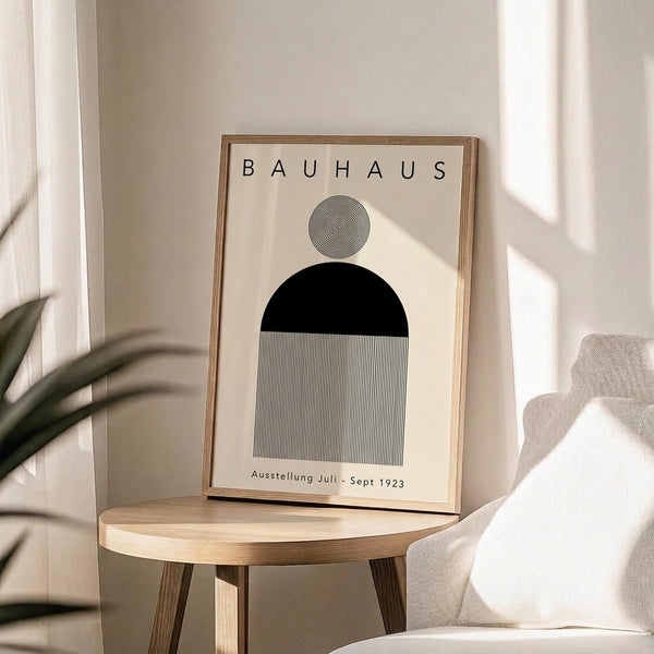 May include: Minimalist geometric art print in wooden frame displaying "BAUHAUS" text above abstract shapes - spiral circle, black semicircle, and striped rectangle in black and white. Print sits on light wood round side table next to beige upholstered chair, with plant leaves visible and natural sunlight casting shadows on neutral wall background.