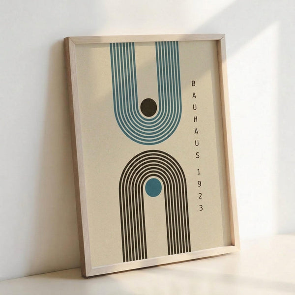 A framed geometric poster featuring two stylized arch shapes in mid-century modern design. The upper arch has teal and white concentric stripes with a dark circle, while the lower arch displays brown and cream stripes with a small teal circle. Text reading "BAUHAUS 1923" appears vertically on the right side. The artwork is displayed in a light wood frame against a cream background, leaning against a white wall.
