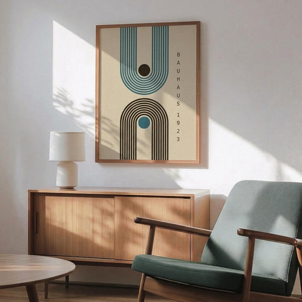 May include: Framed geometric poster with teal and brown arched shapes on cream background, displayed above wooden sideboard with white ceramic lamp in modern living room setting with mint green upholstered chair and round coffee table