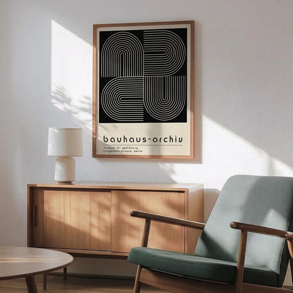 May include: Modern Bauhaus-style poster with black and white geometric line art forming abstract letterforms, displayed in thin wooden frame above mid-century credenza. Scene shows sage green upholstered chair with wooden arms, white ceramic table lamp, and warm natural lighting casting shadows on white wall.