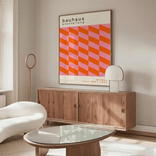 May include: Framed Bauhaus exhibition poster with geometric pink and orange cube pattern displayed above mid-century modern wooden credenza in minimalist living room. White sculptural chair and glass coffee table visible. Clean Scandinavian-inspired interior with neutral walls and natural lighting.