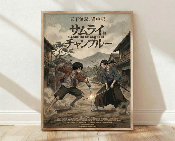 May include: Framed anime poster showing two samurai warriors with swords clashing in a traditional Japanese village street, surrounded by wooden buildings and mountains. The artwork features muted earth tones with dramatic lighting effects where the blades meet. Japanese text appears at the top with "SAMURAI CHAMPLOO" in English below. The wooden-framed print leans against a white wall on light wooden flooring with soft natural lighting.