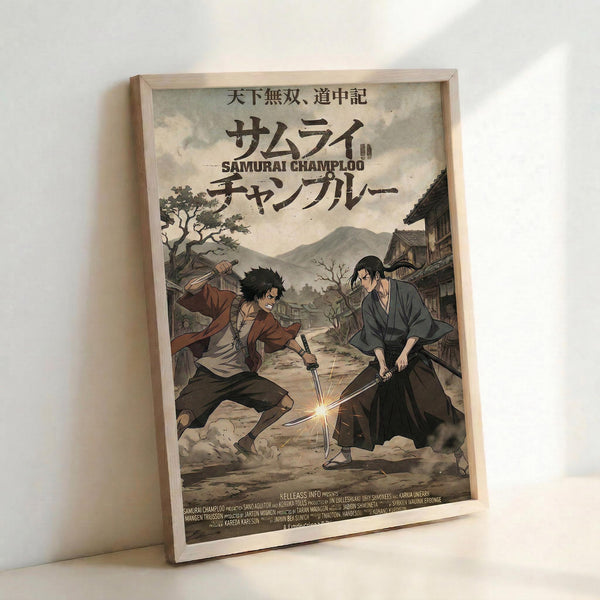 May include: Framed anime poster leaning against white wall showing two samurai warriors in combat stance with swords crossed, creating sparks between blades. Traditional Japanese village setting with wooden buildings and mountains in background. Muted earth tones in brown, gray, and sepia. Japanese text at top with English subtitle below. Light wooden frame, poster appears medium to large size with detailed illustration style reminiscent of classic anime artwork.