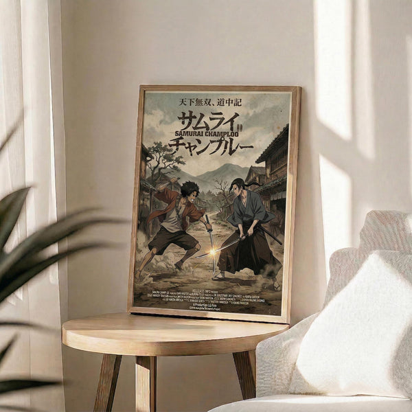 May include: Framed anime poster displayed on light wooden round table beside beige upholstered chair and plant. Poster shows two samurai characters sword fighting in traditional Japanese village setting with mountains in background. Earth-toned artwork in thin wooden frame catches natural sunlight streaming through white curtains in minimalist room.