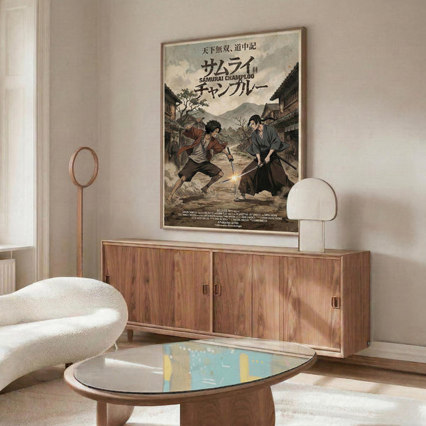 May include: Framed anime poster displayed above wooden mid-century modern credenza in minimalist living room. Poster shows two samurai characters dueling with swords in traditional Japanese village setting, featuring muted earth tones and Japanese text. Room has white upholstered chair, glass coffee table, modern floor lamp, and neutral beige walls with natural lighting.