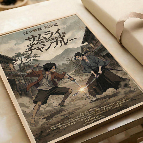May include: Vintage-style anime poster featuring two samurai warriors engaged in sword combat, their blades creating a bright spark where they meet. One character wears brown robes, the other dark clothing. The artwork has muted earth tones with a rural Japanese village backdrop. The poster appears aged with weathered edges, displayed on white paper with rolled documents nearby.