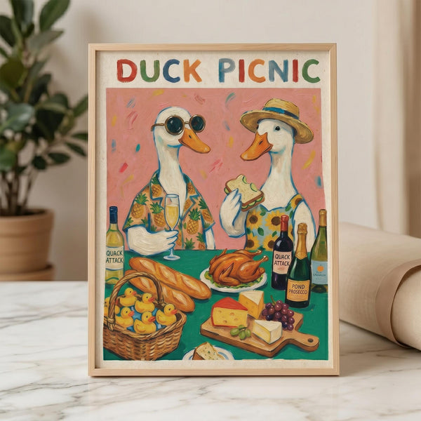 May include: Framed art print showing two white ducks in colorful Hawaiian shirts having a picnic, with one wearing sunglasses and the other a straw hat. The illustration features a pink background with confetti, green picnic table with bread basket, cheese board, wine bottles labeled "Quack Attack" and "Pond Prosecco," and small rubber ducks. The title "Duck Picnic" appears in multicolored letters at the top. Displayed in light wood frame on marble surface next to potted plant